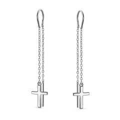 Modern Sterling Silver Dangling Cross Long Chain Threader Earrings