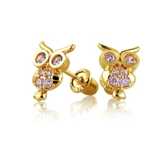 14K Yellow Gold Plated White Cubic Zirconia Owl Animal Stud Earrings