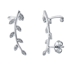 Fashion Sterling Silver Cubic Zirconia Leaf Ear Cuffs Climbers Earrings