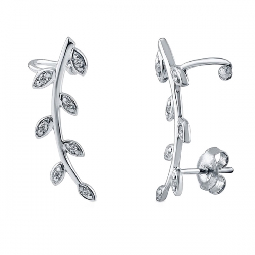 Fashion Sterling Silver Cubic Zirconia Leaf Ear Cuffs Climbers Earrings