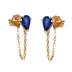 Sterling Silver Blue Sapphire Heart Shaped Hanging Chain Stud Earrings