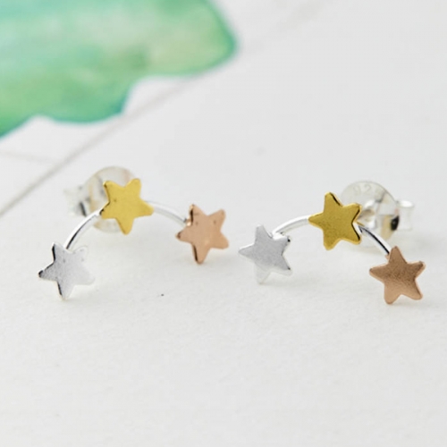 Petite Jewelry Sterling Silver Matt Finished Tri-color Plated Star Stud Earrings