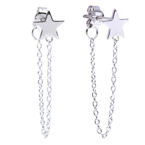 Sterling Silver Star Stud with Hanging Chain Earrings Women Jewelry