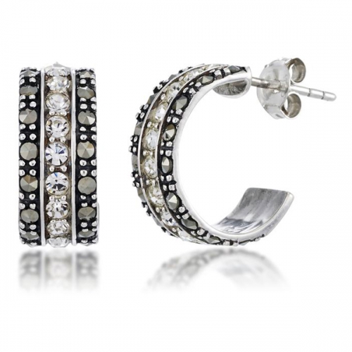 Sterling Silver Marcasite and White Cubic Zirconia 3-row Hoop Earrings