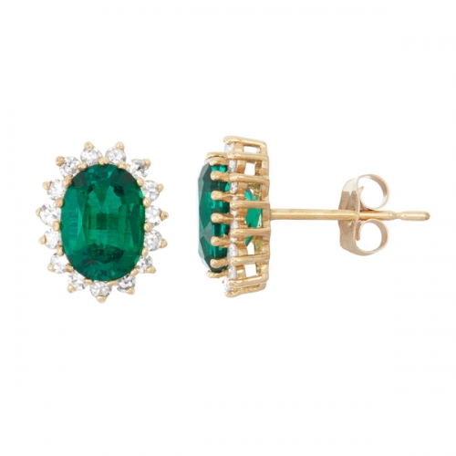 14K Yellow Gold White and Emerald Cubic Zirconia Floral Oval Stud Earrings