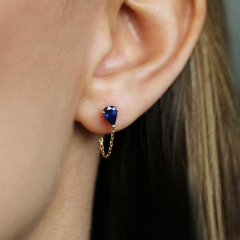 Sterling Silver Blue Sapphire Heart Shaped Hanging Chain Stud Earrings