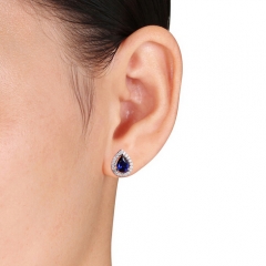 Sterling Silver White and Blue Sapphire Cubic Zirconia Teardrop Earrings