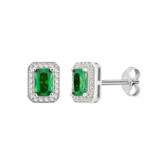 Sterling Silver Created Emerald and Cubic Zirconia Square Stud Earrings