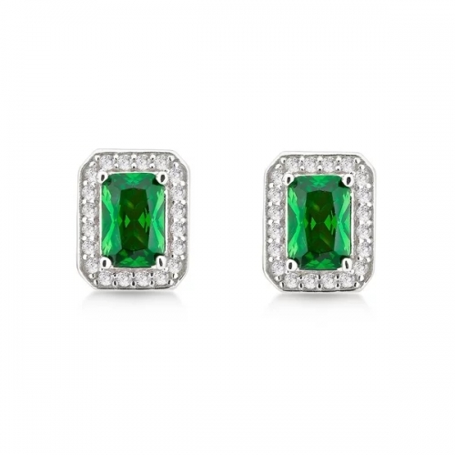 Sterling Silver Created Emerald and Cubic Zirconia Square Stud Earrings