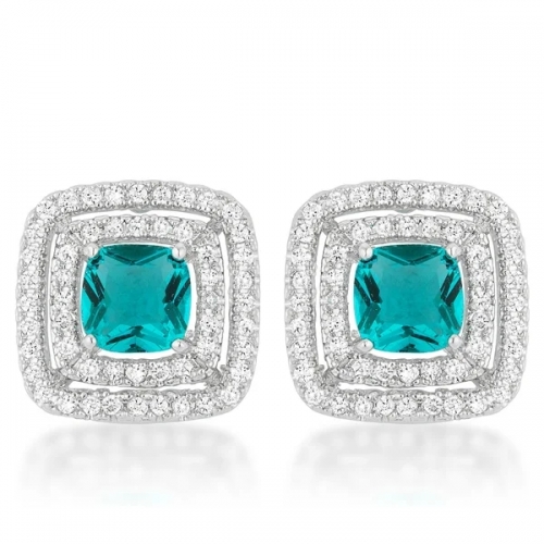 Fine Jewelry Sterling Silver Aqua and White Cubic Zirconia Halo Stud Earrings