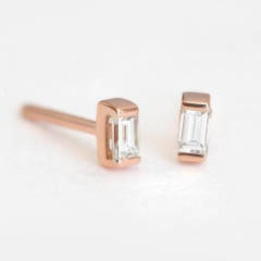 Small Design Sterling Silver Baguette Cut Cubic Zirconia Tiny Stud Earrings