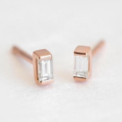 Small Design Sterling Silver Baguette Cut Cubic Zirconia Tiny Stud Earrings