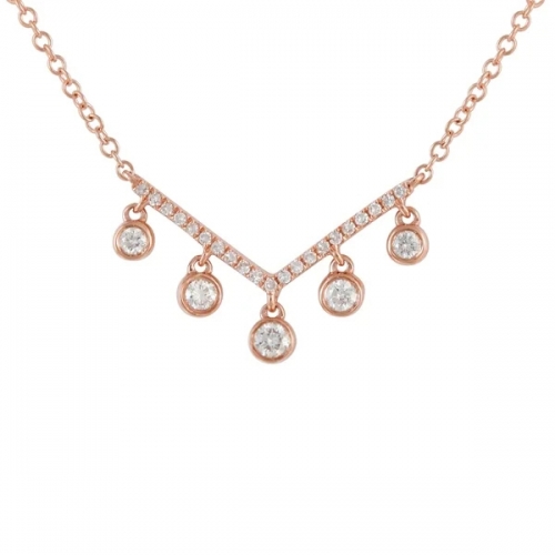 Rose Gold Plated Sterling Silver V Shaped Dangle Cubic Zirconia Necklace