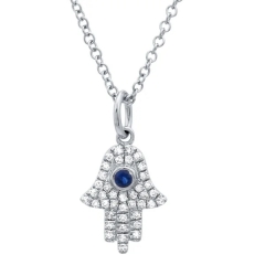 Fashion Sterling Silver White and Blue Sapphire Hamsa Hand Necklace