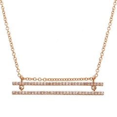 Rose Gold Plated Sterling Silver White CZ 2 Row Bar Pendant Chain Necklace