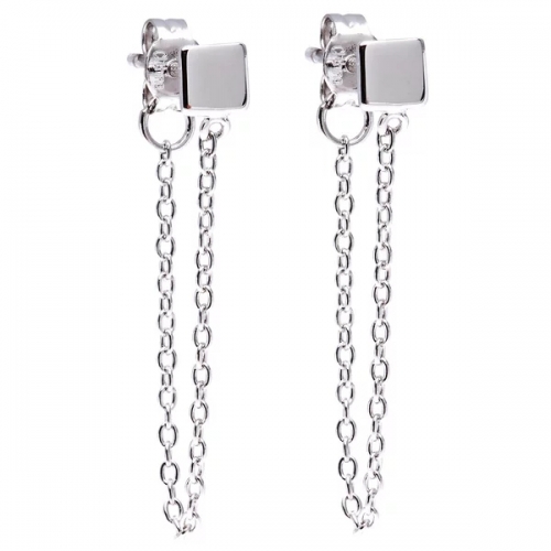 New Design Sterling Silver Square Stud with Hanging Chain Earrings