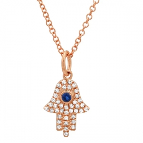 Fashion Sterling Silver White and Blue Sapphire Hamsa Hand Necklace