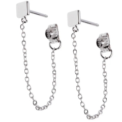 New Design Sterling Silver Square Stud with Hanging Chain Earrings