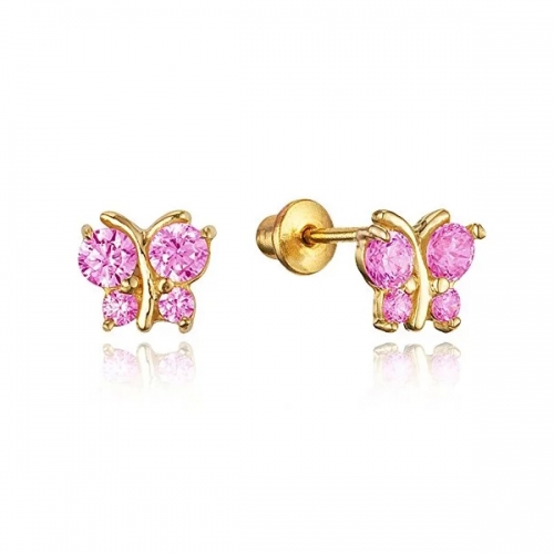 Pretty Design Pink CZ Stone Butterfly Earrings for Chirdren in 925 Silver