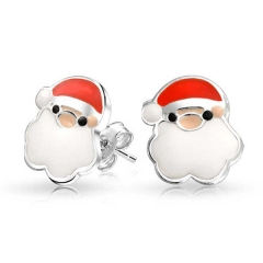 Red White Enamel Bearded Santa Claus 925 Sterling Silver Kids Stud Earrings