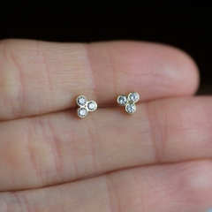 Small Design Sterling Silver Three Cubic Zirconia Tiny Stud Earrings