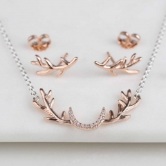 Rose Gold Stag Antler Necklace and Earrings Set in 925 Sterling Silver
