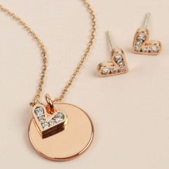 Sterling Silver CZ Heart and Disc Charms Necklace Earrings Set
