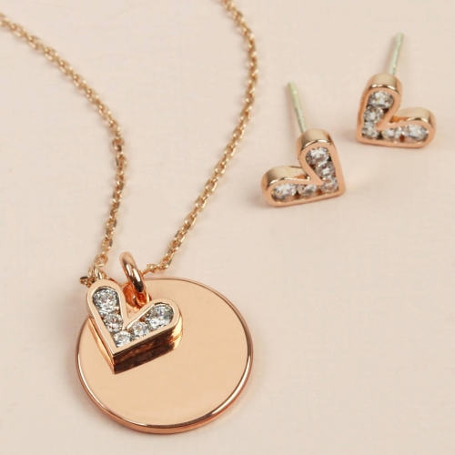 Sterling Silver CZ Heart and Disc Charms Necklace Earrings Set