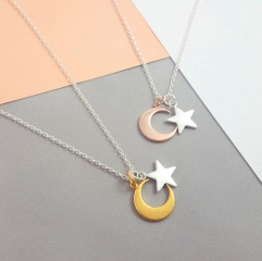 Two Tone Plated Sterling Silver Moon and Star Charms Necklace