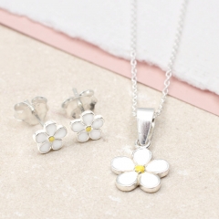 Sterling Silver and Enamel Daisy Necklace Set for Girls