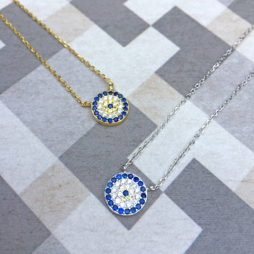 Turkish Design Sterling Silver White and Blue Sapphire CZ Evil Eye Necklace