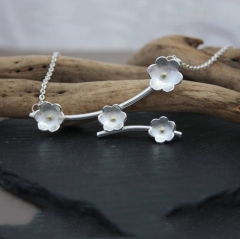 Handmade Sterling Silver Buttercup Flower Branch Necklace