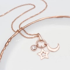 Rose Gold Plated Sterling Silver Moon and Star CZ Charms Necklace