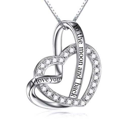 Sterling Silver I Love You to the Moon and Back Heart Cubic Zirconia Necklace for Women