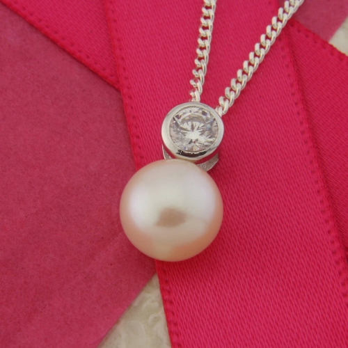 Sterling Silver Solitaire White Pearl Necklace with Cubic Zirconia