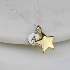 Personalised Min Disc with Letter and Shining Star Necklace in 925 Silver