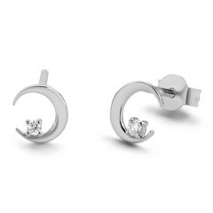 Sterling Silver Solitaire Cubic Zirconia Crescenr Moon Mini Studs Earrings