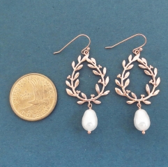 Dainty Sterling Silver Rose Gold White Pearl and Olive Leaf Dangling Earrings for Party