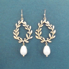 Dainty Sterling Silver Rose Gold White Pearl and Olive Leaf Dangling Earrings for Party