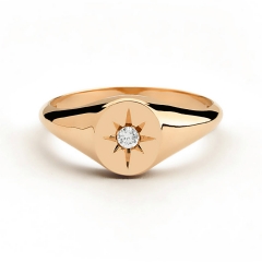 Sterling Silver Pink Gold Solitaire Diamond Signet Starburst Finger Ring