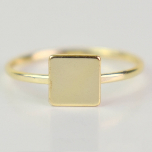14K Yellow Gold Square ID Ring, Dainty Stackable Ring in 925 Silver