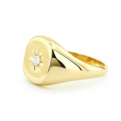 Sterling Silver 14K Gold Diamond Signet Index Finger Ring with Star Setting