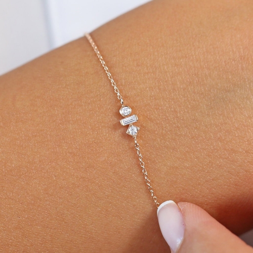 Minimalist Sterling Silver Baguette abd Round Cut CZ Dainty Bracelet