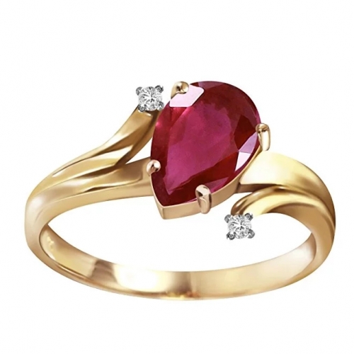 14k Silver Gold Ring with Genuine Diamonds and Natural Pear-shaped Ruby