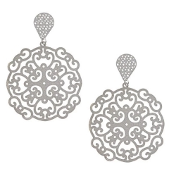 Large Design 925 Sterling Silver Filigree Dangle Earrings with White Gold Plated