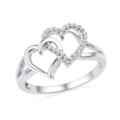 Sterling Silver Round Diamond Double Heart Ring