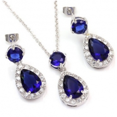 Sterling Silver Blue Sapphire CZ Teardrop Bridal Necklace Earrings Jewelry Set
