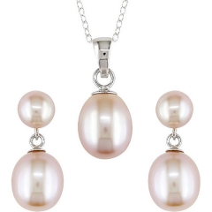 Nice Design Sterling Silver Pink Pearl Earrings and Necklace Set