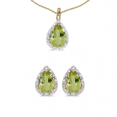 14K Yellow Gold Pear Peridot And Diamond Earrings and Pendant Set