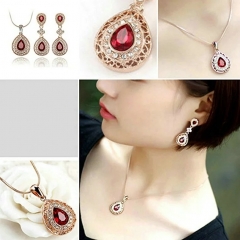 Rose Gold Gorgeous Vintage Garnet Chandelier Pendant Necklace and Drop Earrings Wedding Set